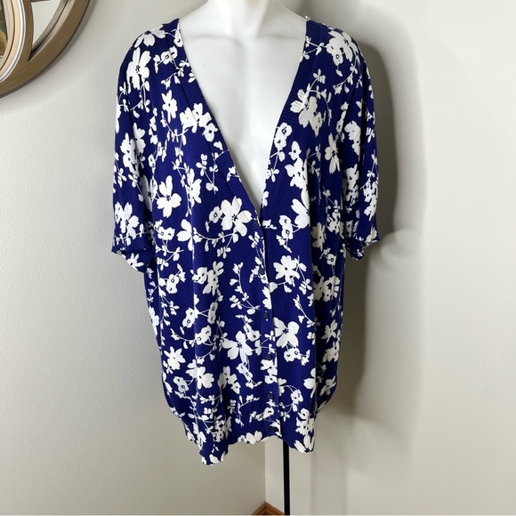 Denim & Company Floral Cotton Plus Short Sleeve Cardigan 2X - Picture 1 of 7
